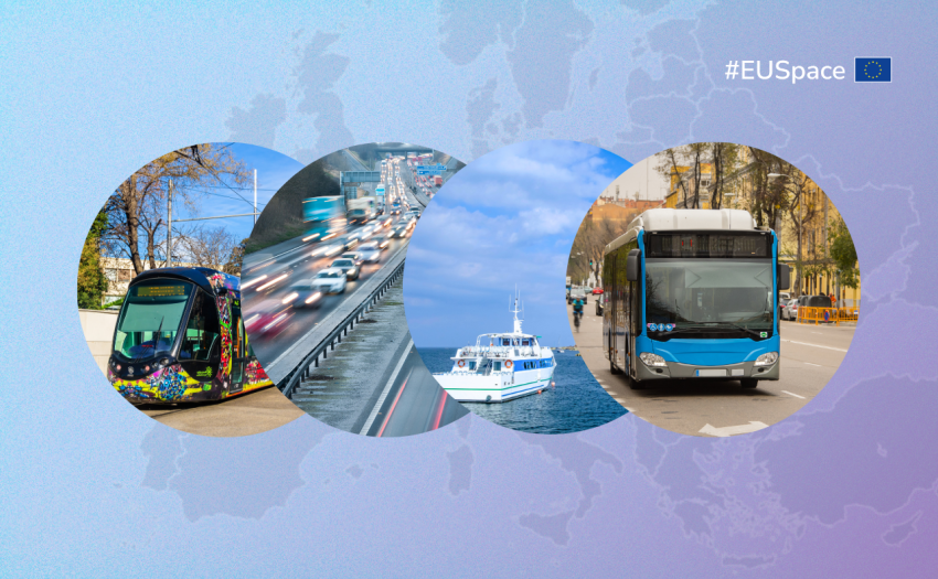 A collage of four circular images showing a tram, highway traffic, boat, and bus, representing EU transportation with #EUSpace and a map of Europe in the background.